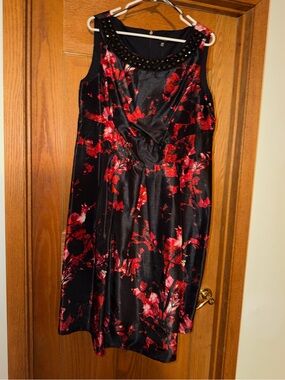 Chaya Pleated Skirt Dress Red Black Floral Sleeveless Beaded Neck Sz 16 W